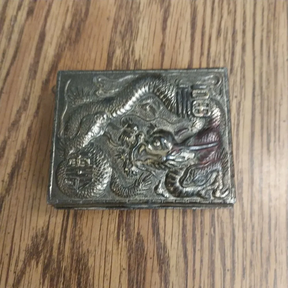 Vintage Ornate Silver Tone Trinket Box Wood Lined 3D Dragon Hinged Japan